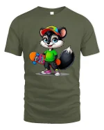 Cute Skateboarding Raccoon Cartoon Street Style Graphic T Shirt Tee - military green t-shirt on white background