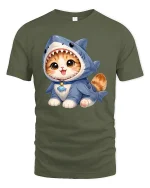 Cute Kitten Wearing Shark Costume Adorable Cartoon Graphic T Shirt Tee - military green t-shirt on white background