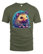 Colorful Cute Hedgehog Illustration Art Graphic T Shirt Tee - military green t-shirt on white background