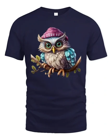 Cute Owl Wearing Beanie Cozy Illustration Graphic T Shirt Tee - navy t-shirt on white background