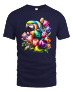 Colorful Parrot With Tulip Flowers Elegant Art Graphic T Shirt Tee - navy t-shirt on white background