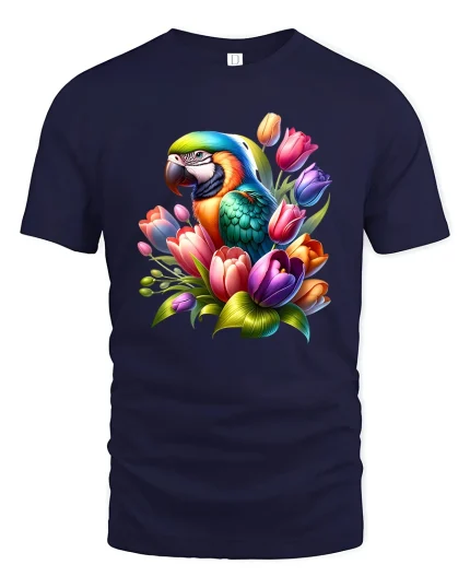 Colorful Parrot With Tulip Flowers Elegant Art Graphic T Shirt Tee - navy t-shirt on white background
