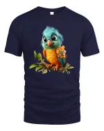 Cute Colorful Baby Bird Perched On Branch Graphic T Shirt Tee - navy t-shirt on white background