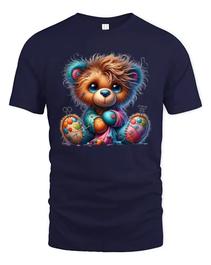 Cute Patchwork Teddy Bear Colorful Handmade Style Graphic T Shirt Tee - navy t-shirt on white background