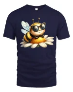 Cool Bee Wearing Sunglasses Cute Cartoon Illustration Graphic T Shirt Tee - navy t-shirt on white background