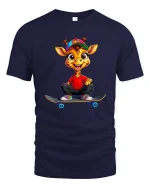 Cute Skateboarding Giraffe Cartoon Street Style Graphic T Shirt Tee - navy t-shirt on white background