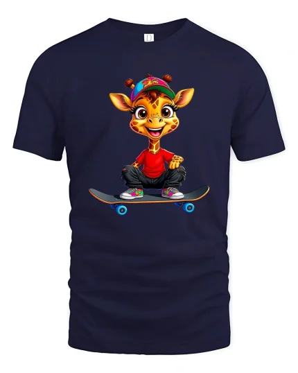 Cute Skateboarding Giraffe Cartoon Street Style Graphic T Shirt Tee - navy t-shirt on white background