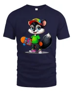 Cute Skateboarding Raccoon Cartoon Street Style Graphic T Shirt Tee - navy t-shirt on white background