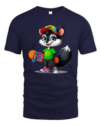 Cute Skateboarding Raccoon Cartoon Street Style Graphic T Shirt Tee - navy t-shirt on white background