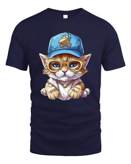 Cool Kitten Wearing Glasses And Cap Street Style Graphic T Shirt Tee - navy t-shirt on white background