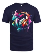 Colorful Music Headphones Paint Splash Art Graphic T Shirt Tee - navy t-shirt on white background