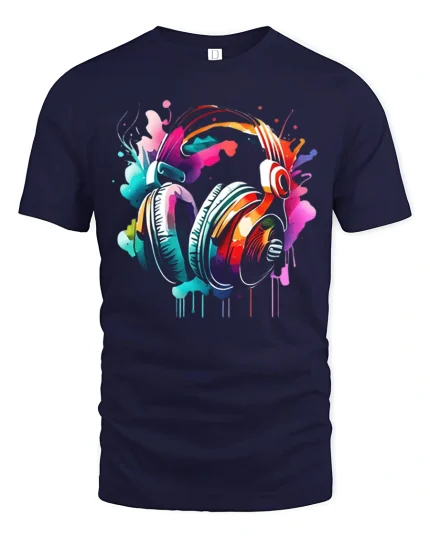Colorful Music Headphones Paint Splash Art Graphic T Shirt Tee - navy t-shirt on white background