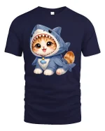 Cute Kitten Wearing Shark Costume Adorable Cartoon Graphic T Shirt Tee - navy t-shirt on white background