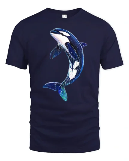 Majestic Orca Whale Jumping Ocean Illustration Graphic T Shirt Tee - navy t-shirt on white background