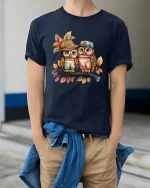 Cute Owl Friends Wearing Hats Autumn Illustration Graphic T Shirt Tee - model wearing navy tee with hands in pockets