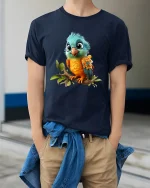 Cute Colorful Baby Bird Perched On Branch Graphic T Shirt Tee - model wearing navy tee with hands in pockets