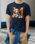 Cute Puppy With Toys And Letter Art Adorable Graphic T Shirt Tee - model wearing navy tee with hands in pockets