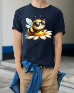 Cool Bee Wearing Sunglasses Cute Cartoon Illustration Graphic T Shirt Tee - model wearing navy tee with hands in pockets