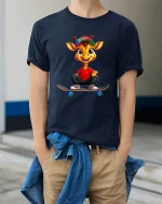 Cute Skateboarding Giraffe Cartoon Street Style Graphic T Shirt Tee - model wearing navy tee with hands in pockets