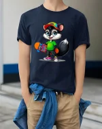 Cute Skateboarding Raccoon Cartoon Street Style Graphic T Shirt Tee - model wearing navy tee with hands in pockets