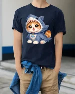 Cute Kitten Wearing Shark Costume Adorable Cartoon Graphic T Shirt Tee - model wearing navy tee with hands in pockets