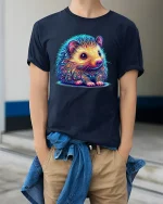 Colorful Cute Hedgehog Illustration Art Graphic T Shirt Tee - model wearing navy tee with hands in pockets