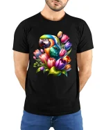 Colorful Parrot With Tulip Flowers Elegant Art Graphic T Shirt Tee - model wearing black tee with hands behind back