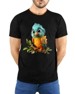 Cute Colorful Baby Bird Perched On Branch Graphic T Shirt Tee - model wearing black tee with hands behind back