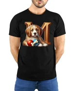 Cute Puppy With Toys And Letter Art Adorable Graphic T Shirt Tee - model wearing black tee with hands behind back