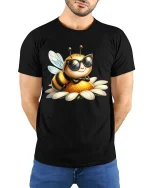 Cool Bee Wearing Sunglasses Cute Cartoon Illustration Graphic T Shirt Tee - model wearing black tee with hands behind back