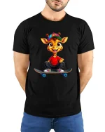 Cute Skateboarding Giraffe Cartoon Street Style Graphic T Shirt Tee - model wearing black tee with hands behind back