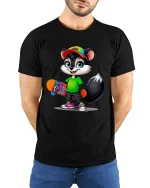 Cute Skateboarding Raccoon Cartoon Street Style Graphic T Shirt Tee - model wearing black tee with hands behind back