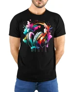 Colorful Music Headphones Paint Splash Art Graphic T Shirt Tee - model wearing black tee with hands behind back