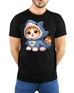 Cute Kitten Wearing Shark Costume Adorable Cartoon Graphic T Shirt Tee - model wearing black tee with hands behind back