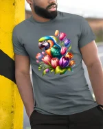Colorful Parrot With Tulip Flowers Elegant Art Graphic T Shirt Tee - model wearing grey tee, leaning on column