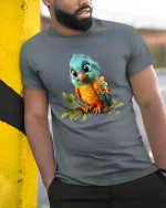 Cute Colorful Baby Bird Perched On Branch Graphic T Shirt Tee - model wearing grey tee, leaning on column