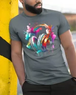 Colorful Music Headphones Paint Splash Art Graphic T Shirt Tee - model wearing grey tee, leaning on column