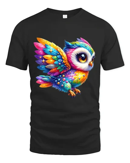 Colorful Fantasy Owl Graphic T Shirt Magical Art Style - black t-shirt on white background