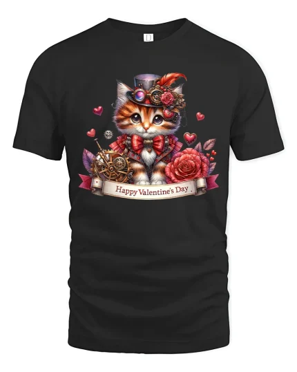 Steampunk Valentine Cat Graphic T Shirt Romantic Art Style - black t-shirt on white background