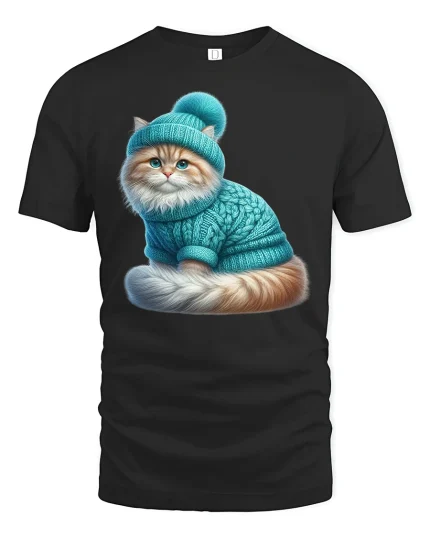 Cute Winter Cat Sweater Graphic T Shirt Cozy Warm Vibes - black t-shirt on white background