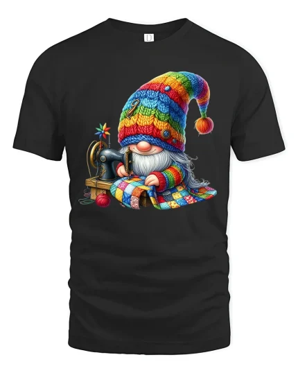 Cute Sewing Gnome Graphic T Shirt Cozy Crafty Art - black t-shirt on white background