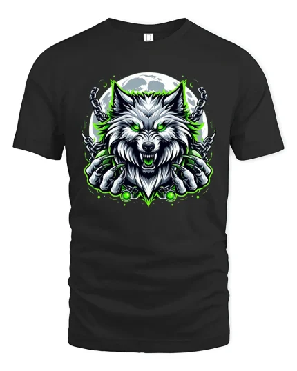 Fierce Moon Wolf Chain Art Graphic T Shirt Street Style - black t-shirt on white background