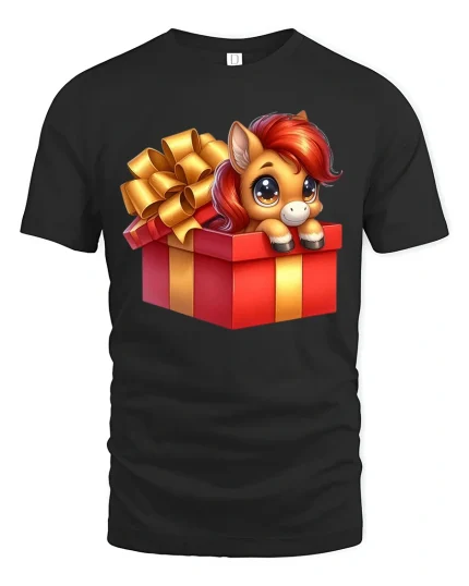 Cute Pony Gift Box Graphic T Shirt Sweet Surprise Art - black t-shirt on white background