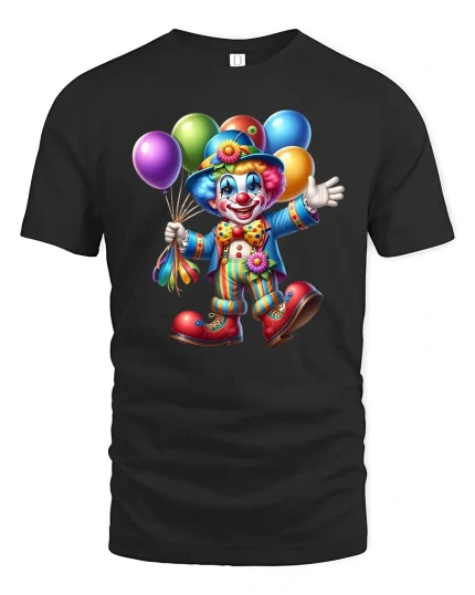 Happy Balloon Clown Graphic T Shirt Colorful Fun Style - black t-shirt on white background