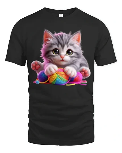 Cute Kitten With Yarn Graphic T Shirt Cozy Playful Art - black t-shirt on white background