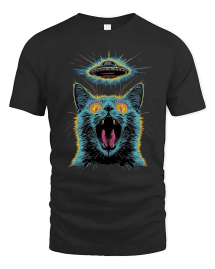 Alien UFO Cat Graphic T Shirt Trippy Cosmic Street Art - black t-shirt on white background