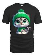 Cute Snow Leopard Kitten Graphic T Shirt Cozy Winter Vibe - black t-shirt on white background