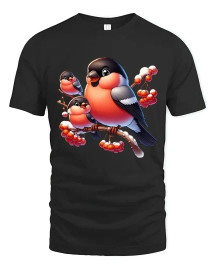 Cute Winter Birds Graphic T Shirt Cozy Nature Artwork - black t-shirt on white background