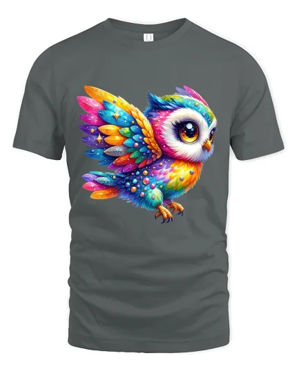 Colorful Fantasy Owl Graphic T Shirt Magical Art Style - gray t-shirt on white background