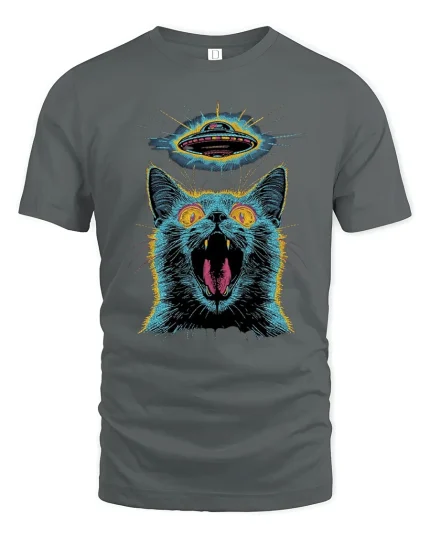 Alien UFO Cat Graphic T Shirt Trippy Cosmic Street Art - gray t-shirt on white background